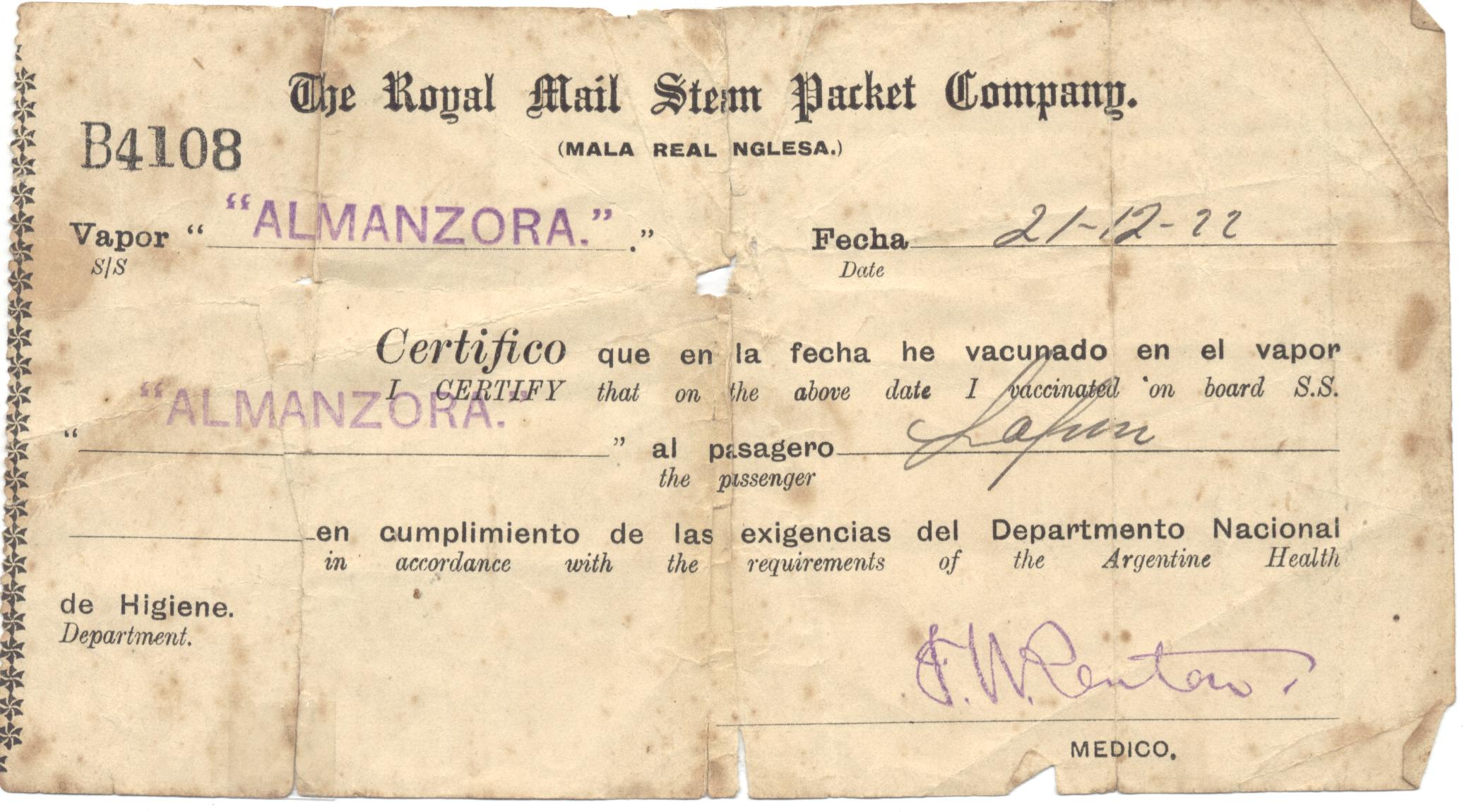Certificado de vacunación en el barco, 1922.