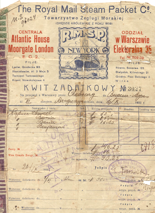 Recibo del pago de los pasaje para el buque “Almanzora”; no figura el nombre del barco, pero sí de Israel, Bunia y sus 2 hijos. También puede ser el reemplazo de pasaporte.