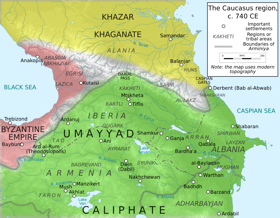 Mapa político del Cáucaso, c. 740 d. C., tras el fin del conflicto árabe-jázaro y la consolidación del poder omeya en Transcaucasia.