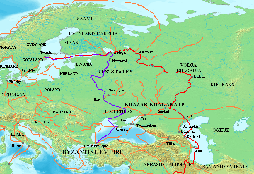 as rutas comerciales del Volga (en rojo) que cruzaban el Kaganato (Imperio) Jázaro y de los varegos (en púrpura) otras rutas comerciales de los siglos VIII al XI. Los varegos fueron ex-vikingos, comerciantes y guerreros, muy valorados como mercenarios de élite y como guardaespaldas personales (la Guardia Varega) de los emperadores romanos de Oriente (bizantinos) en Constantinopla. Varegos y jázaros detuvieron la expansión islámica hacia el Cáucaso. Fundaron el Rus de Kiev.